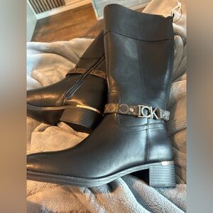 Calvin Klein Black Heeled Boots with Gold Accent